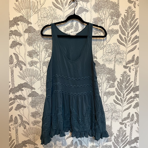 Free People Dresses & Skirts - Free People dress Intimately voile lace Teal green trapeze dot slip mini tunic M
